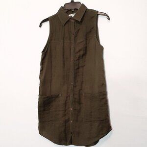 Gypsy JUNKIES Sleeveless Cotton Button Shirt; Olive Green; Pockets; Size S/M